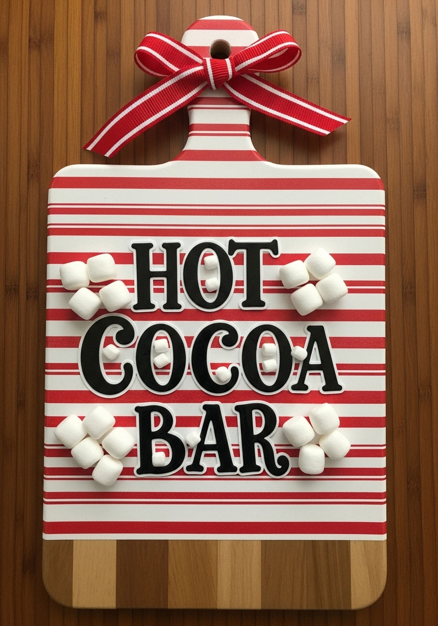 Hot Cocoa Bar Dollar Tree cutting board sign with candy cane stripes and marshmallow decorations for beverage station
