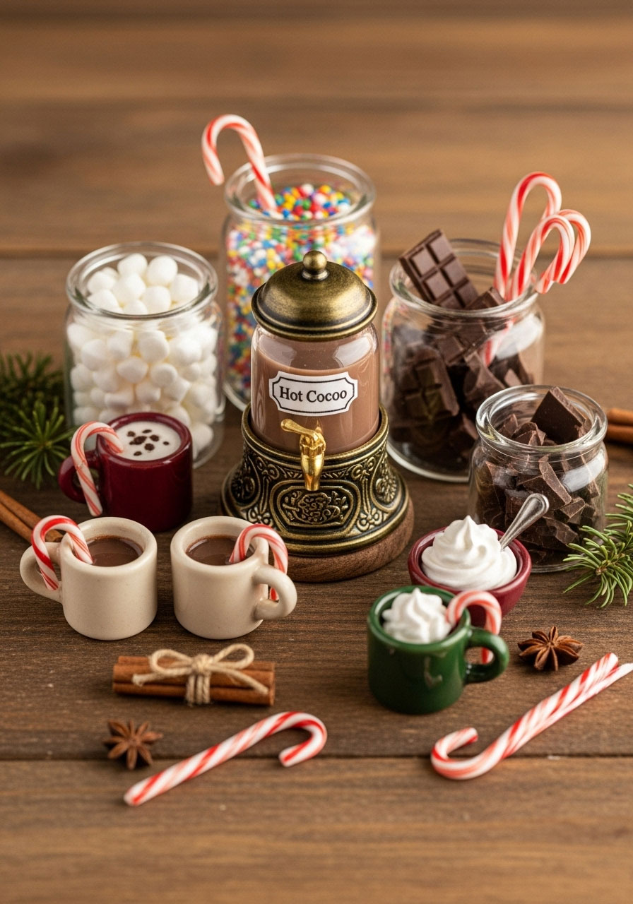 Interactive hot cocoa bar Christmas centerpiece with dispenser, mugs, marshmallows and candy canes