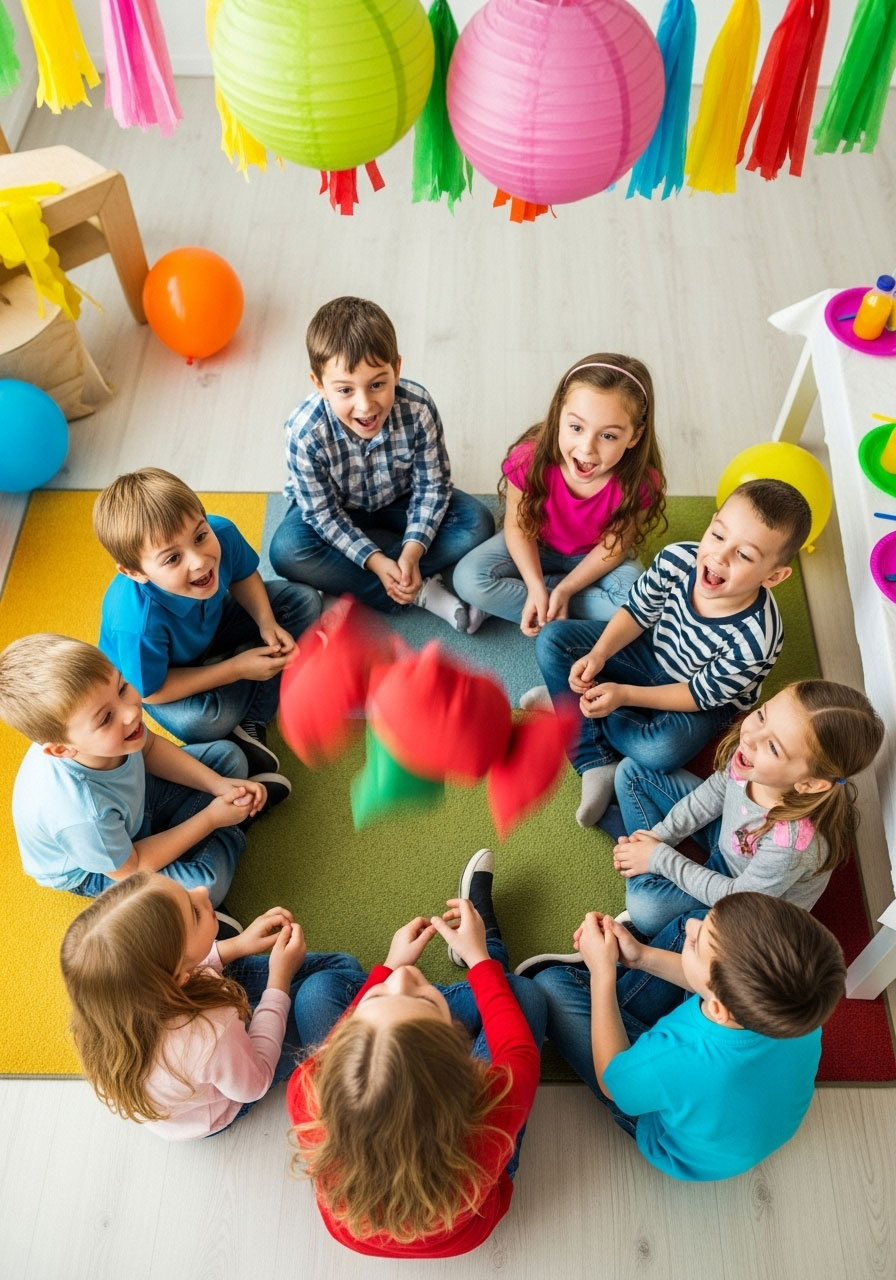 Kindergarten children sitting in circle passing hot potato beanbag at indoor birthday party
