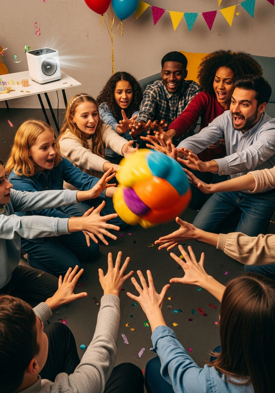 Group playing Hot Potato passing object in circle with music at birthday party