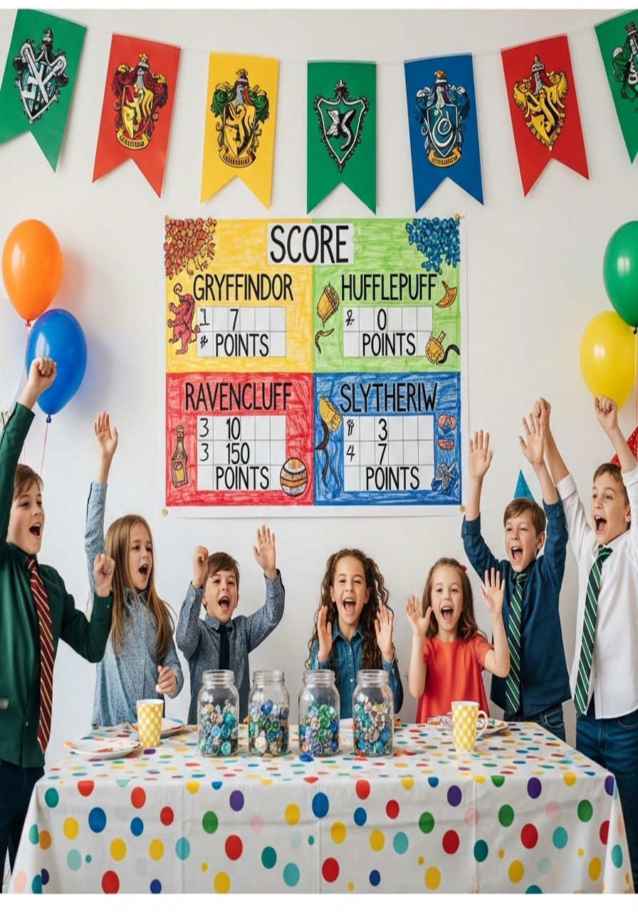 House Cup tournament scoreboard with points tracking all games at Harry Potter themed birthday party