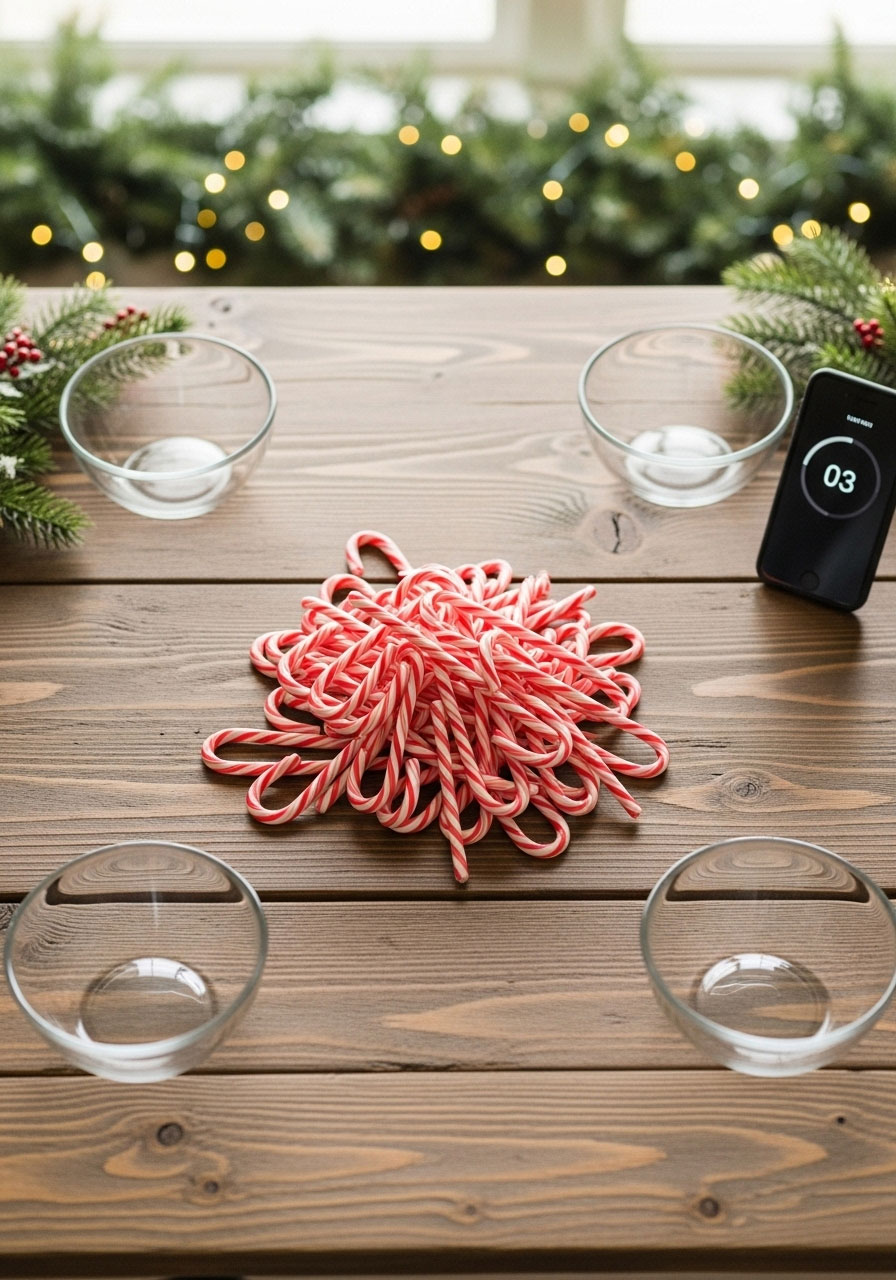 Candy cane game setup showing scattered candy canes on table with empty bowls and timer for holiday party game