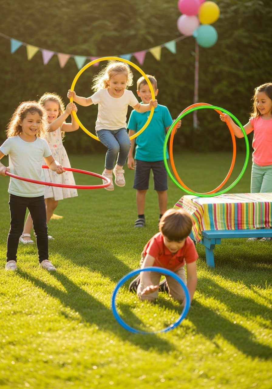 Kindergarten children playing with hula hoops at challenge station during birthday party