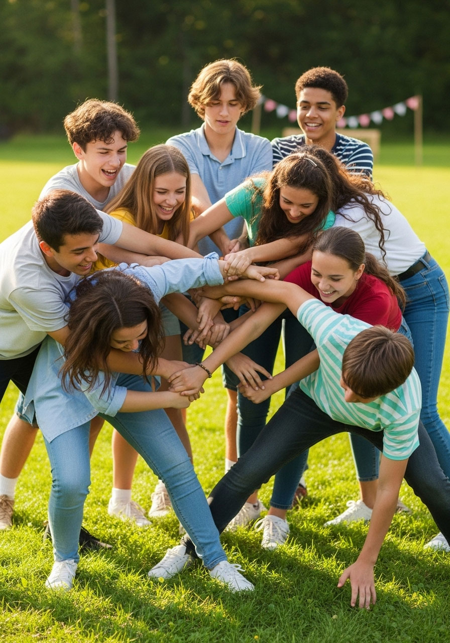 Teenagers untangling human knot with interlocked hands at party game