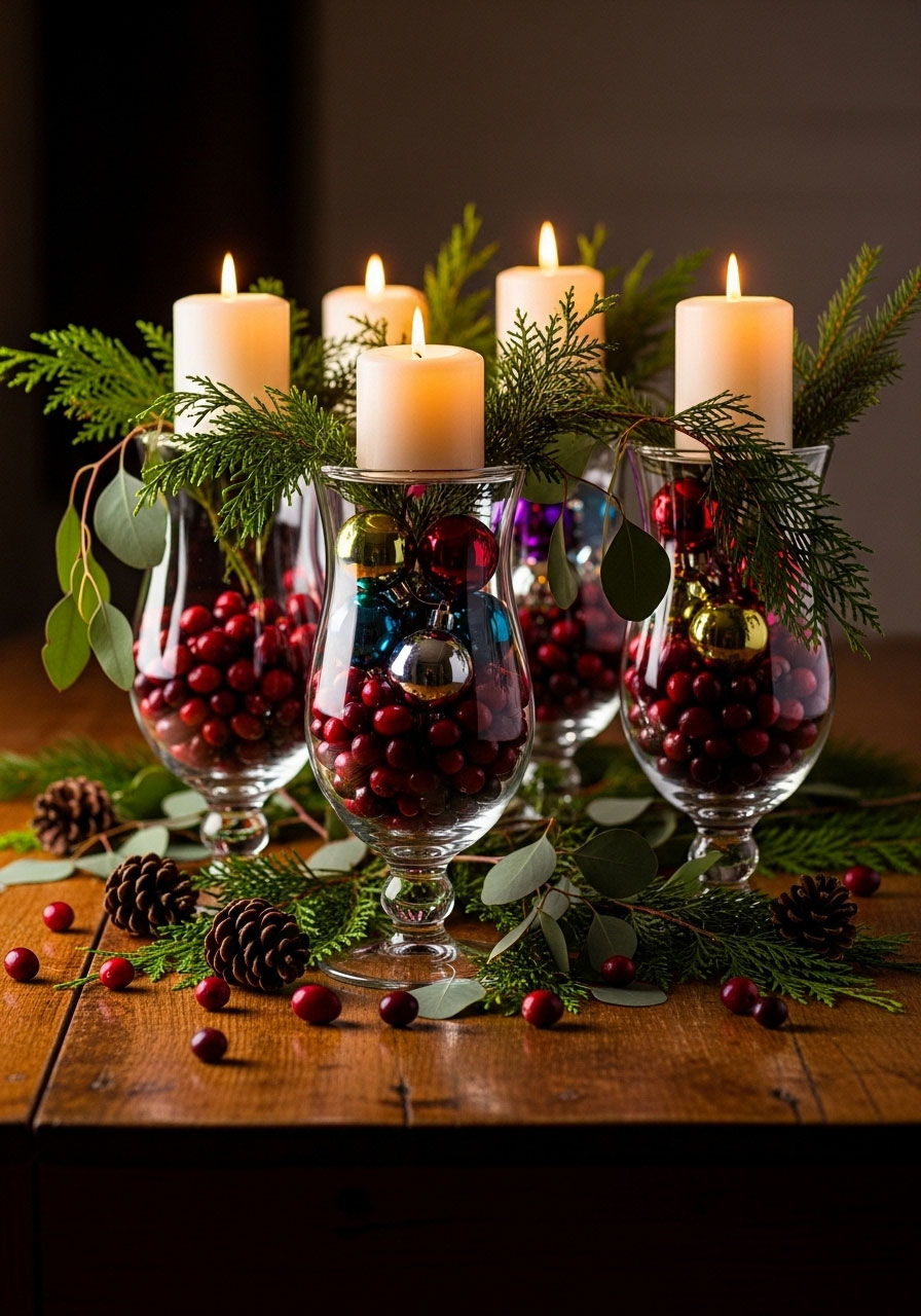 Christmas hurricane glass centerpiece with cranberries and pillar candles arranged with greenery