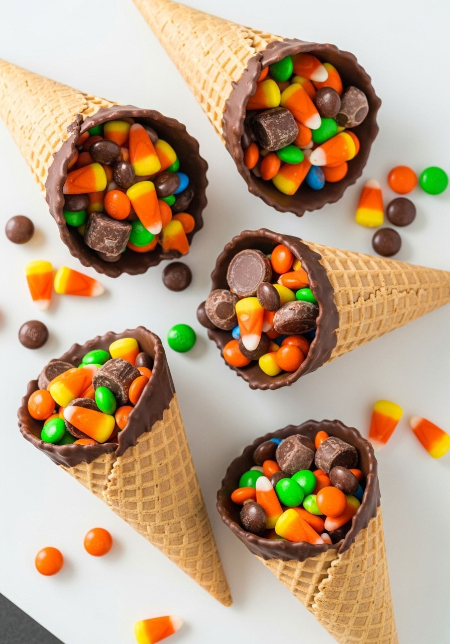 Ice cream cone cornucopias filled with colorful fall candy for Thanksgiving classroom party snack