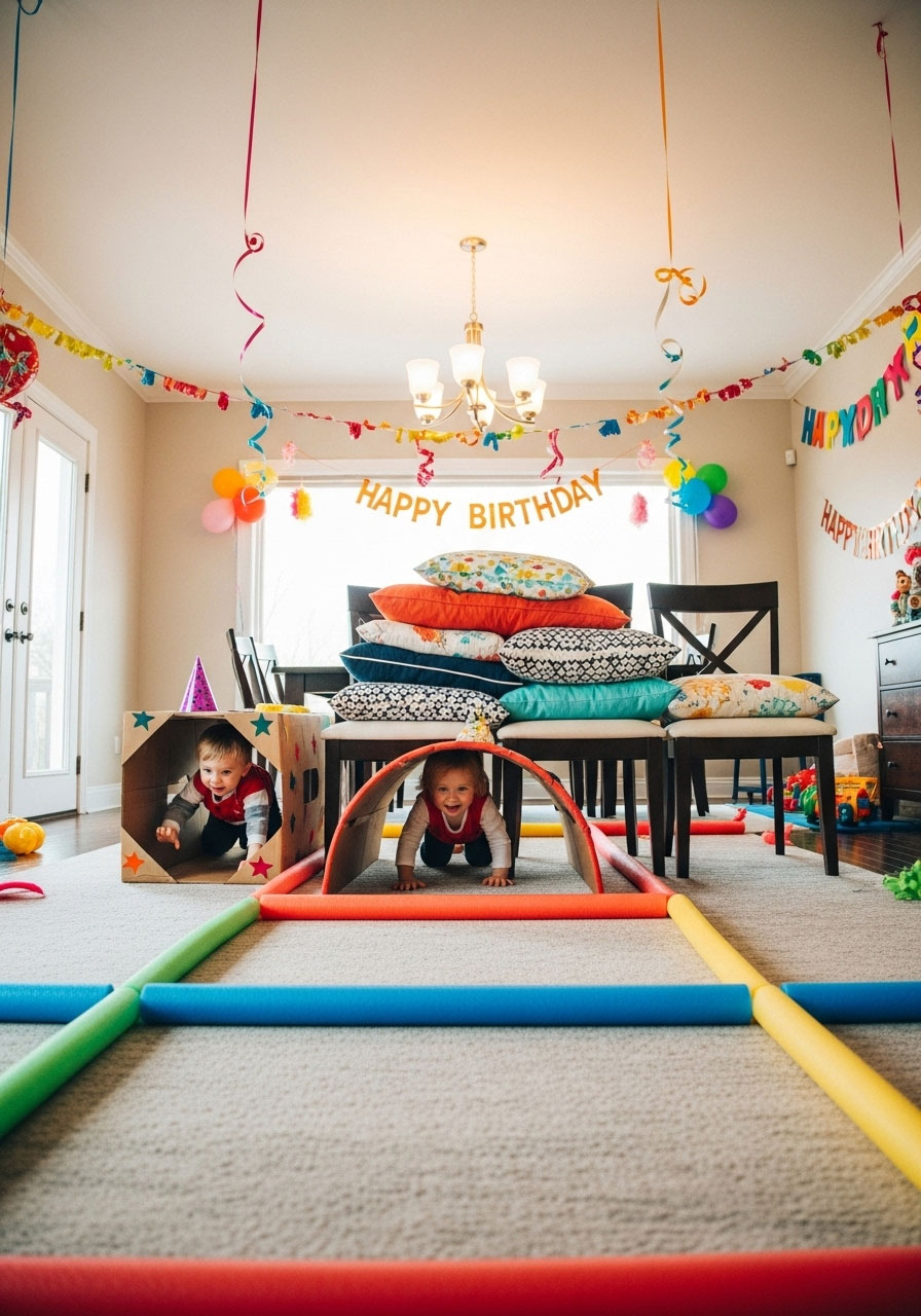 Child completing indoor obstacle course with chairs and pillows at birthday party