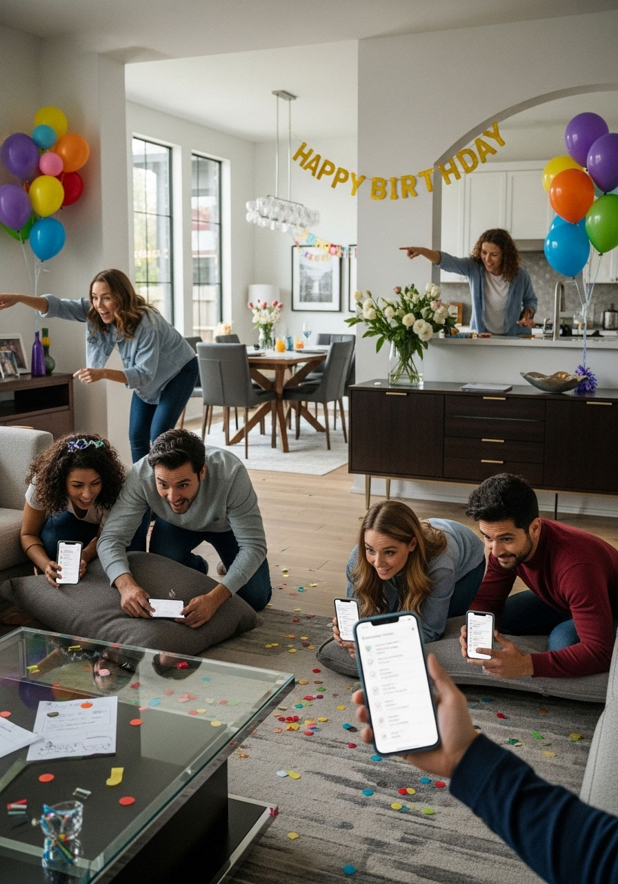 Teams searching for items during indoor scavenger hunt at birthday party