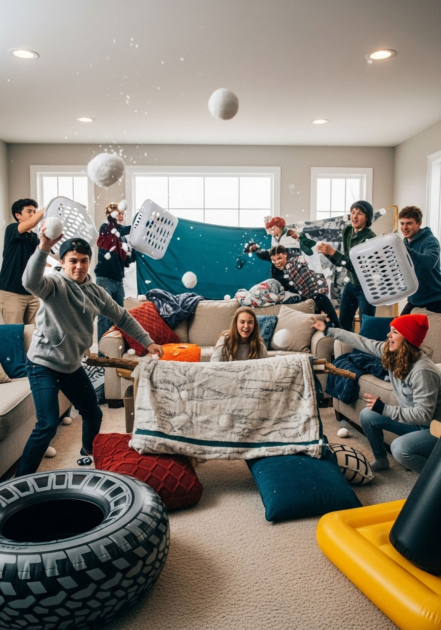 Living room converted to indoor snowball fight arena with furniture forts, teens throwing soft snowballs, cushion barriers, and festive chaos