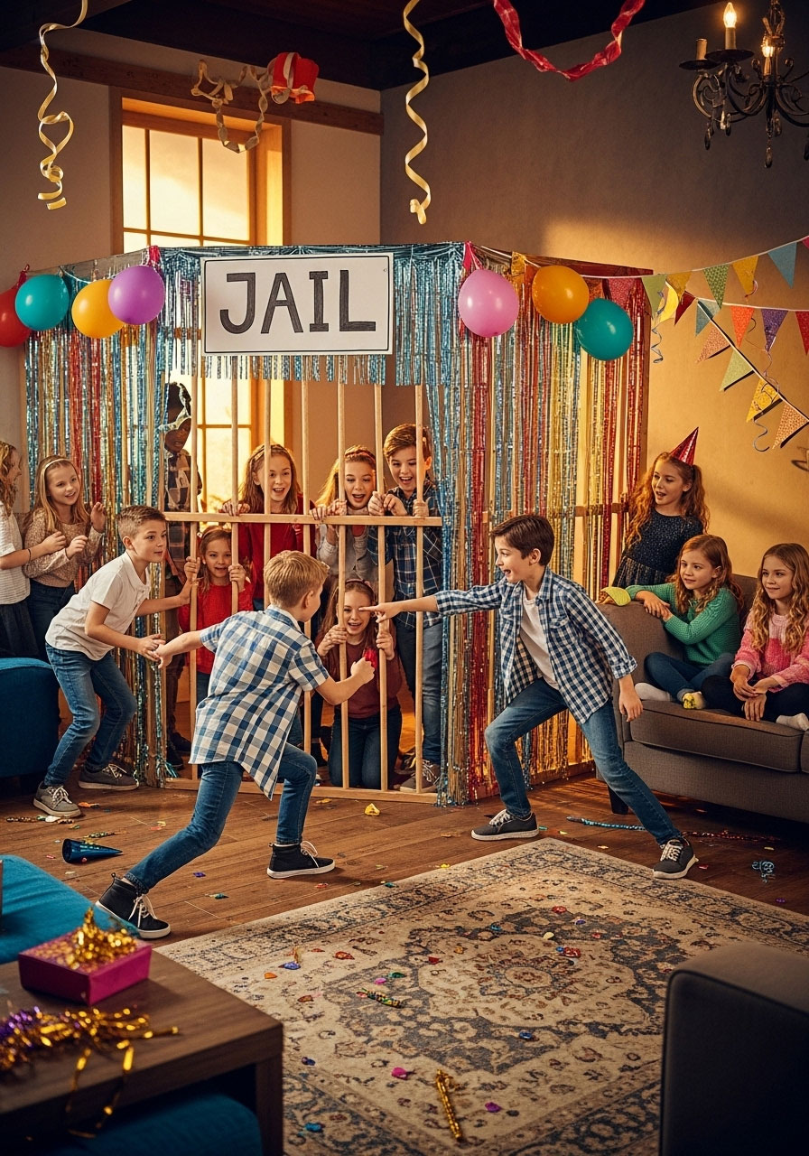Kids playing jail break rescue tag game at indoor birthday party space