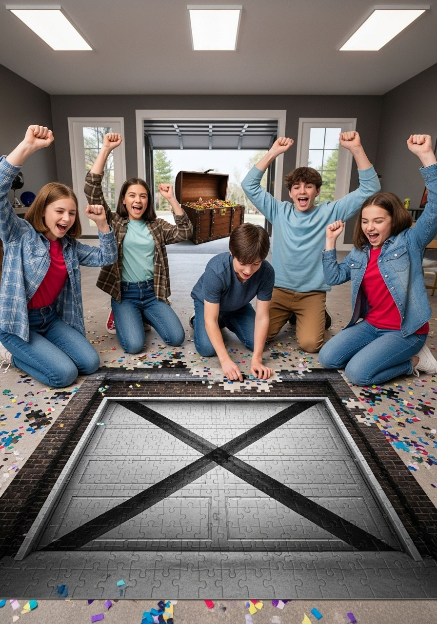 Teens celebrating completed jigsaw puzzle that reveals final treasure location at scavenger hunt