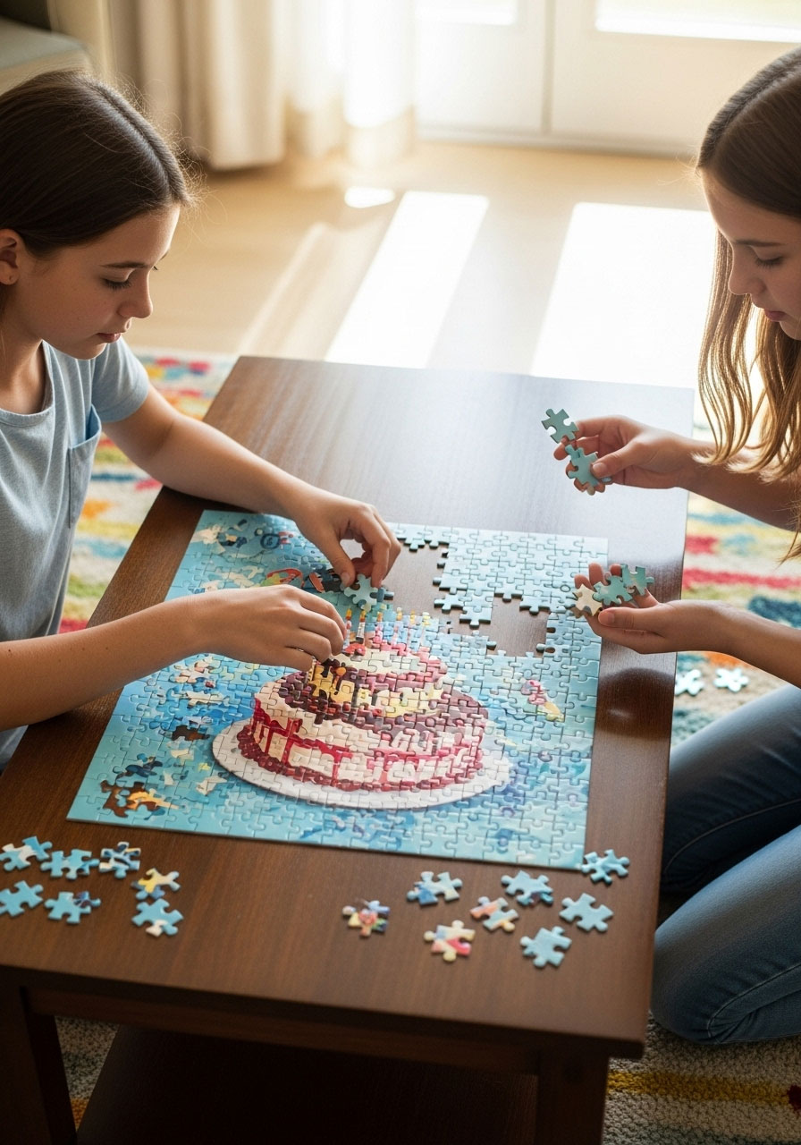 Two teenagers assembling jigsaw puzzle pieces collected during 13th birthday scavenger hunt