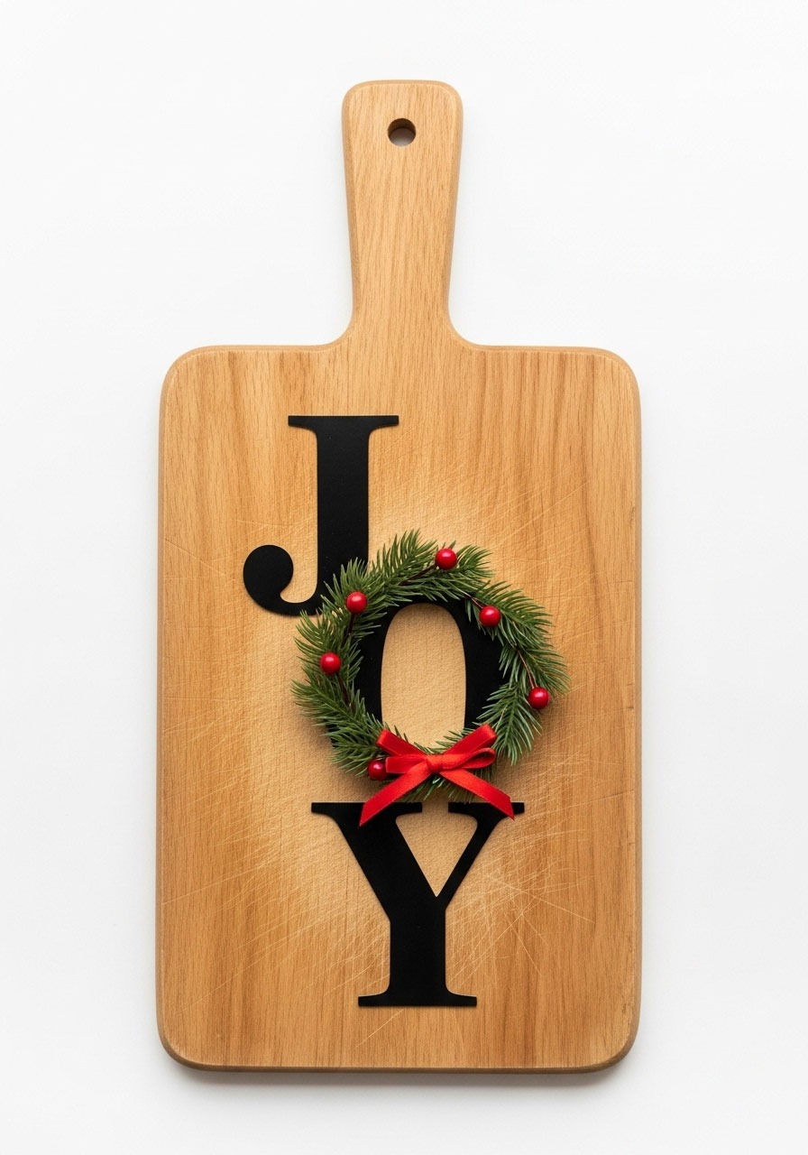 JOY Dollar Tree cutting board with Christmas wreath accent replacing the O and red berry decorations