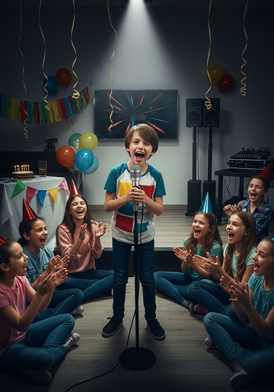 Child singing karaoke with microphone at indoor birthday party performance