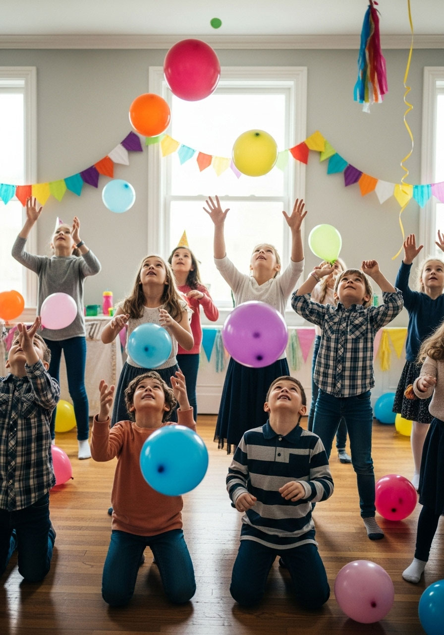 Children playing keep it up balloon challenge hitting balloons in air at birthday party