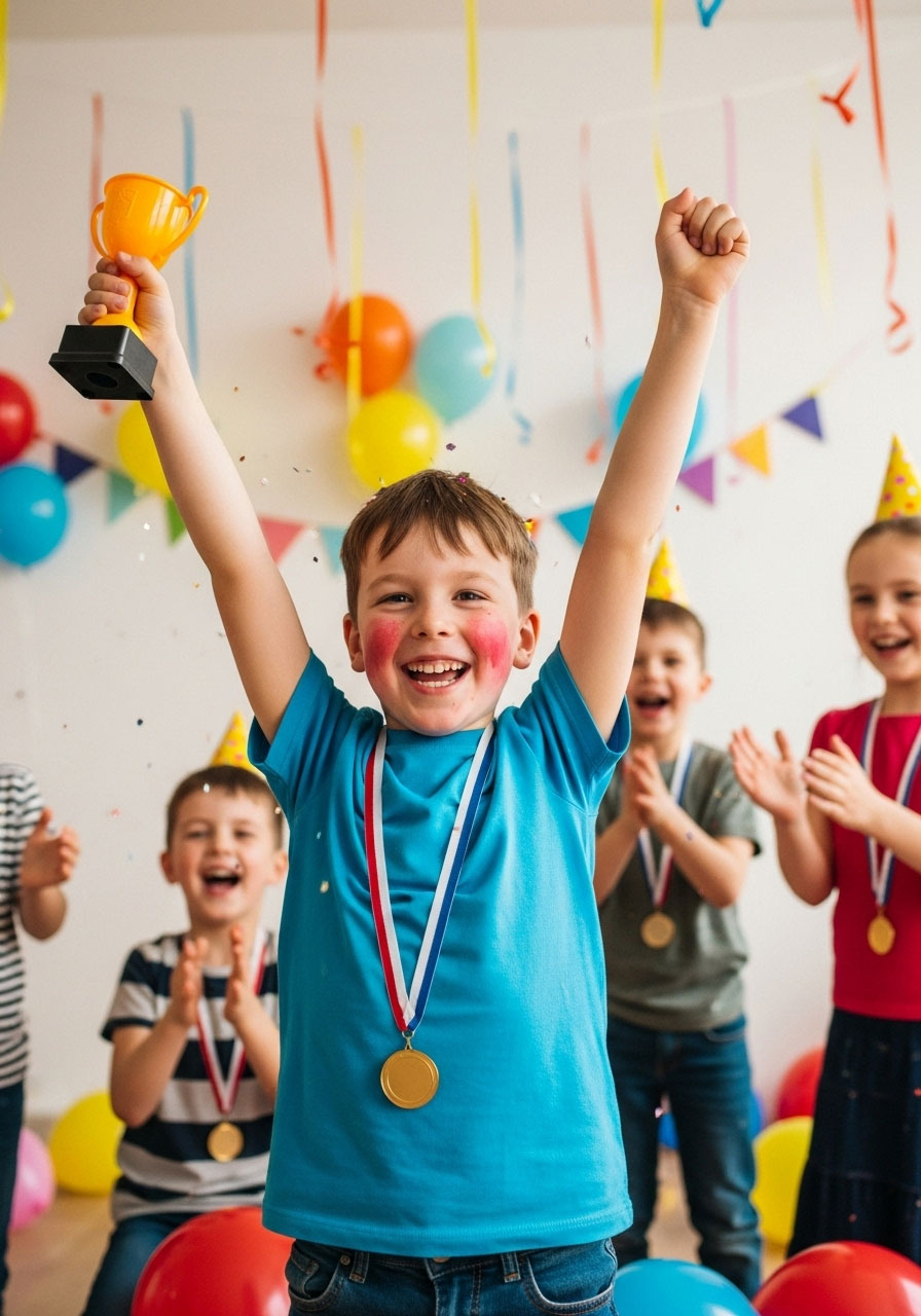 Children celebrating and laughing after winning round of Head Shoulders Knees Cup game at birthday party