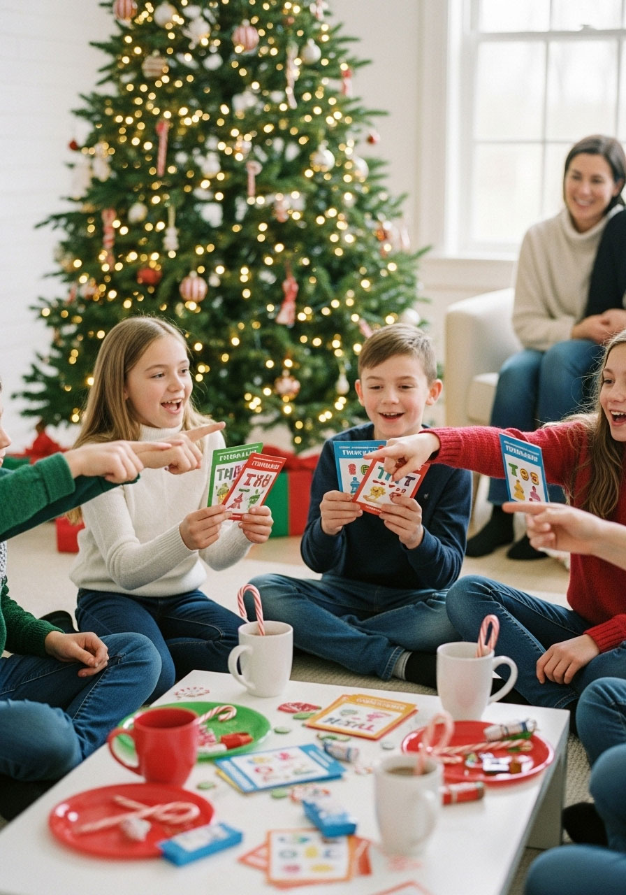 Children playing Christmas trivia games in colorful festive setup with prizes and hot chocolate - family-friendly quiz night
