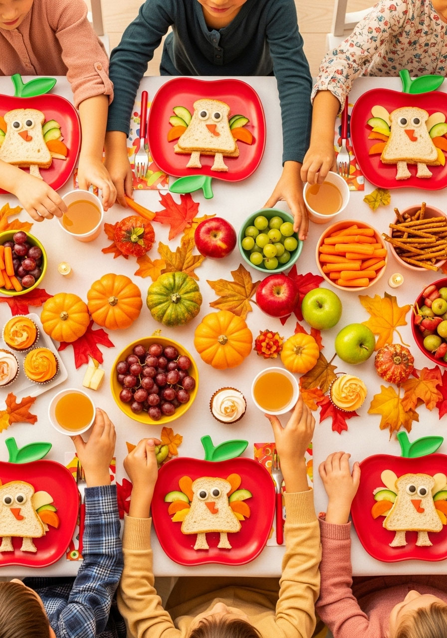 Kids Friendsgiving party table decorated with turkey sandwiches, apple plates, pumpkins, and fall decorations for an easy holiday celebration