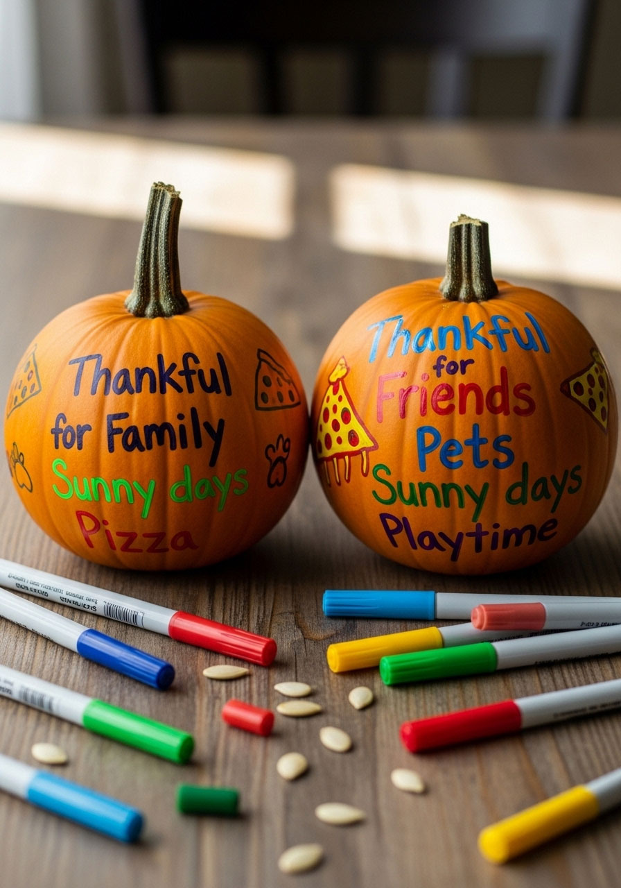 Two small gratitude pumpkins created by children covered in kid's handwriting showing personalized thanksgiving gratitude activity