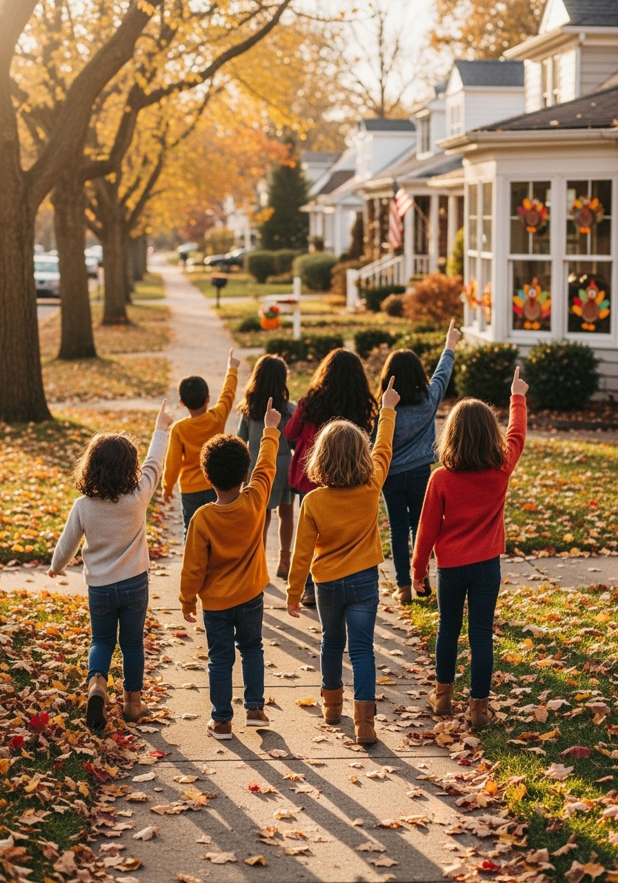 Kids walking through neighborhood during Thanksgiving turkey hunt scavenger game looking at decorated windows