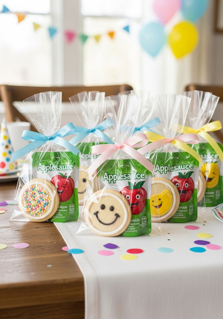 Party favor bags with cookies and applesauce pouches as take-home snacks for kids Friendsgiving guests