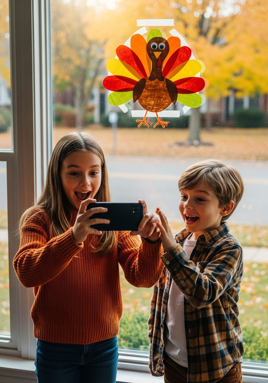 Children taking photos of turkey decorations during neighborhood scavenger hunt photography challenge on Thanksgiving
