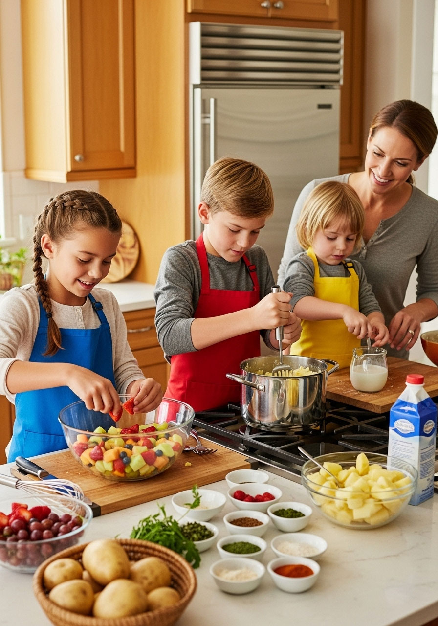 Children preparing and cooking their own Thanksgiving side dishes in kitchen with parent supervision