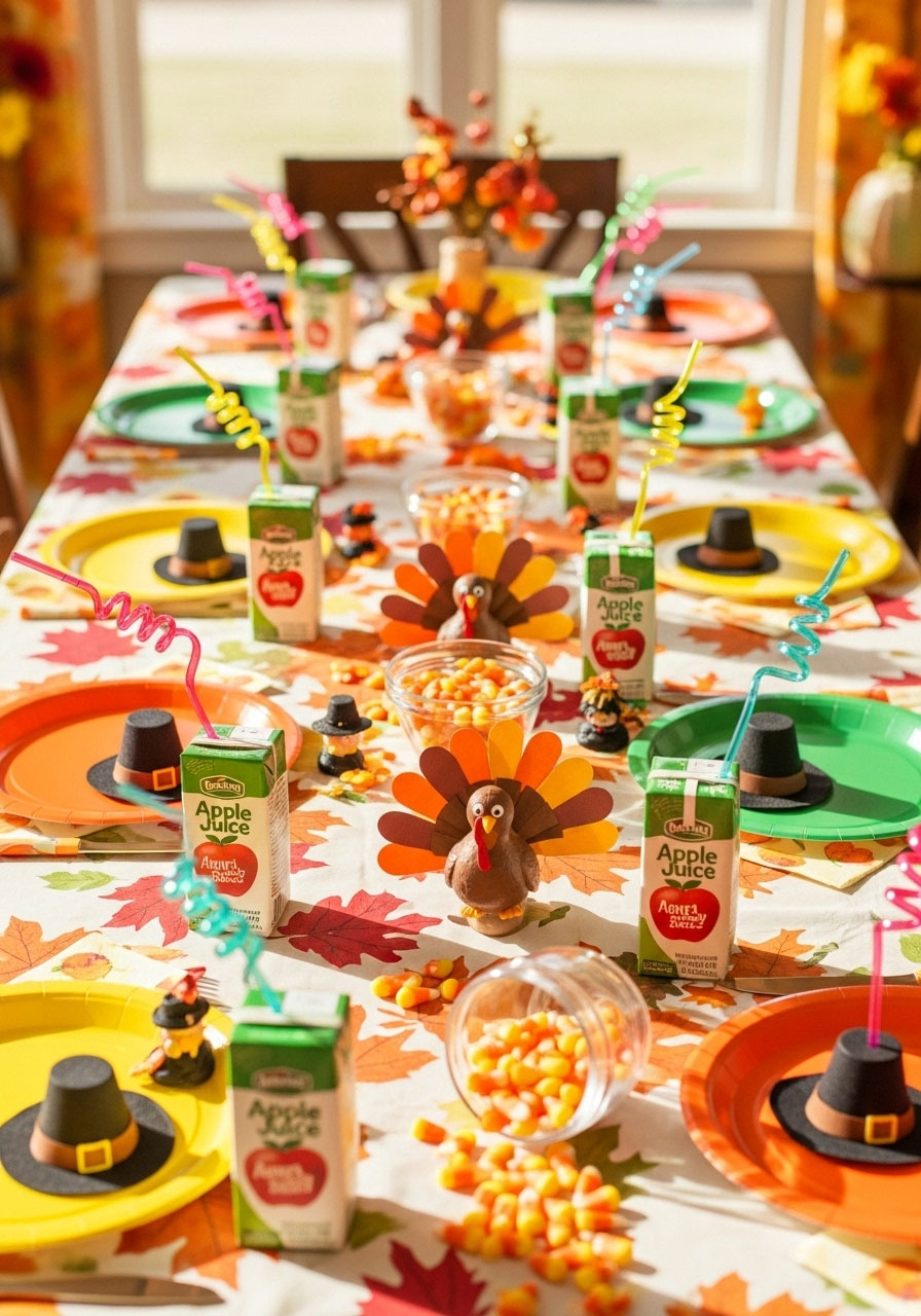 Kid-friendly Thanksgiving table with colorful plates, crafts, toys, and snacks to keep children entertained during dinner
