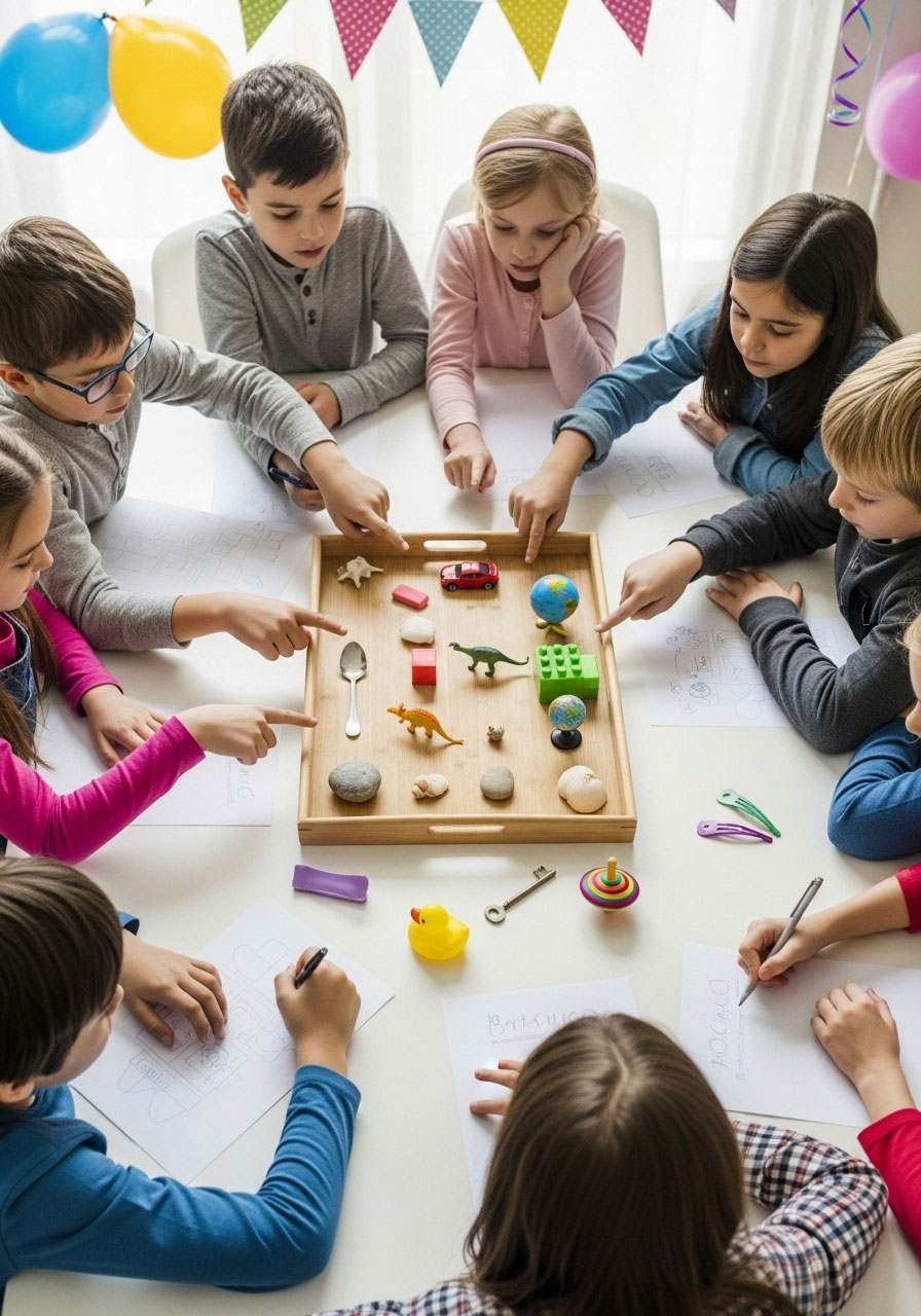 Children playing Kim's memory game studying objects on tray at birthday party