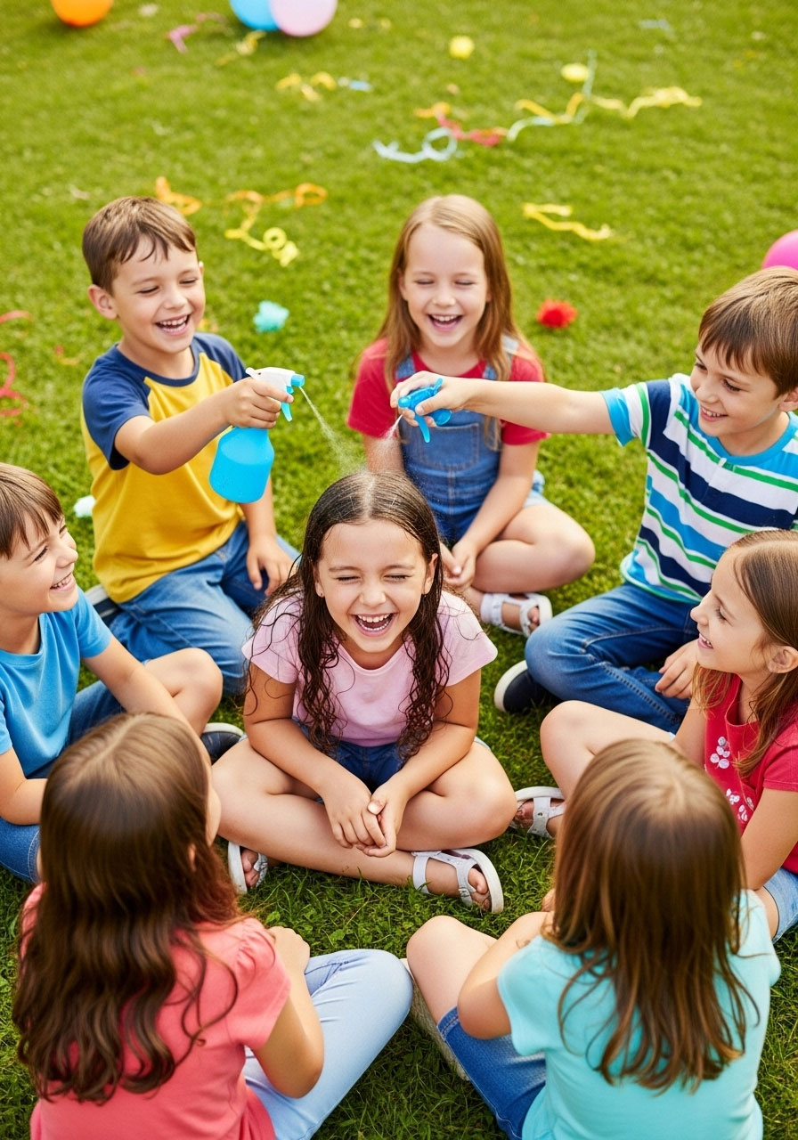 Kindergarten children playing Duck Duck Splash water game in circle at outdoor birthday party with spray bottle