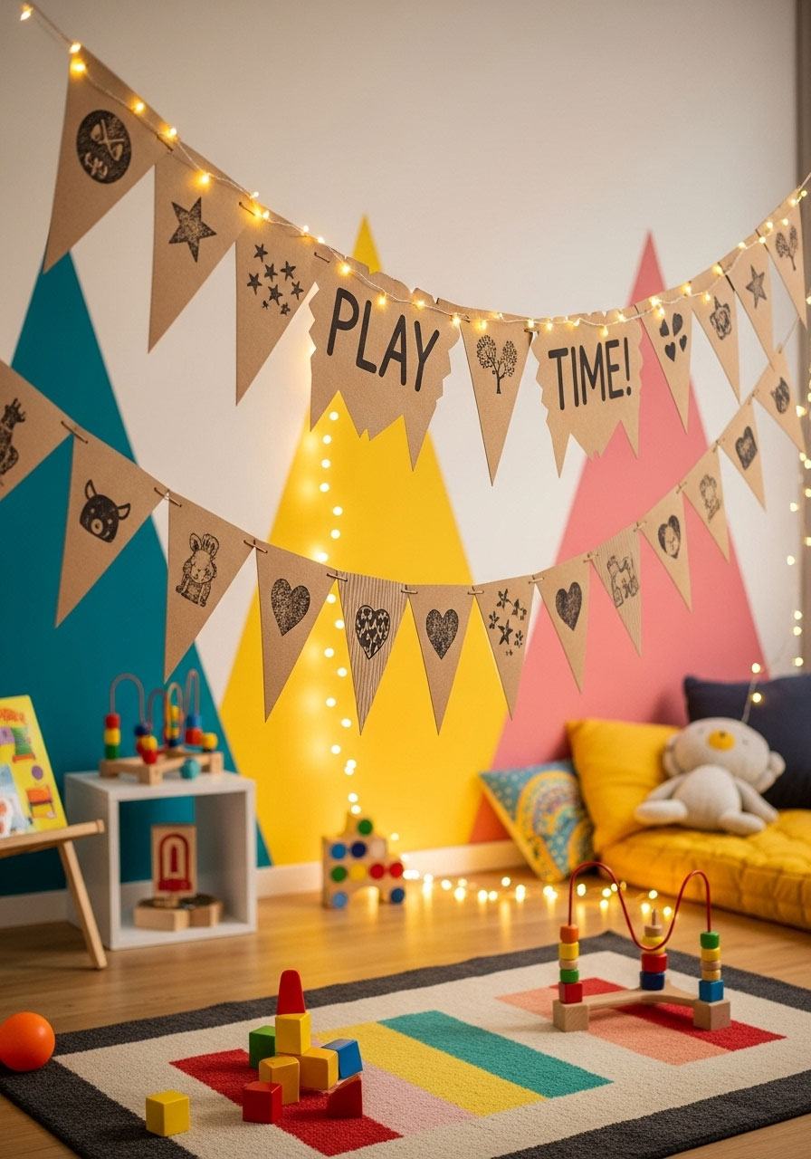 Finished kraft paper banner garland in playroom showing pennant shapes with stamped details
