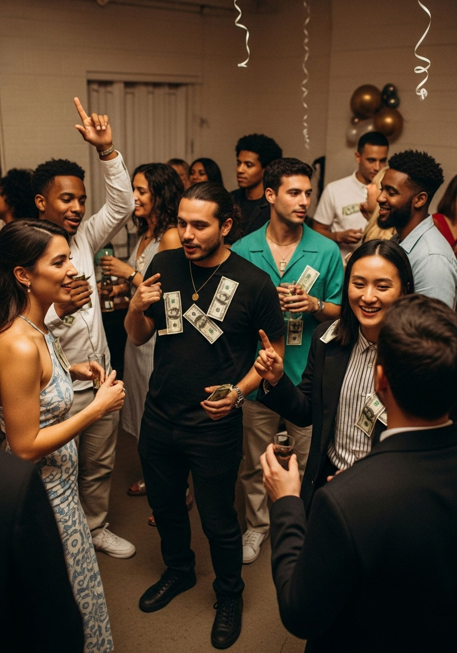 Large group of diverse friends enjoying dollar bill game at birthday party while naturally socializing