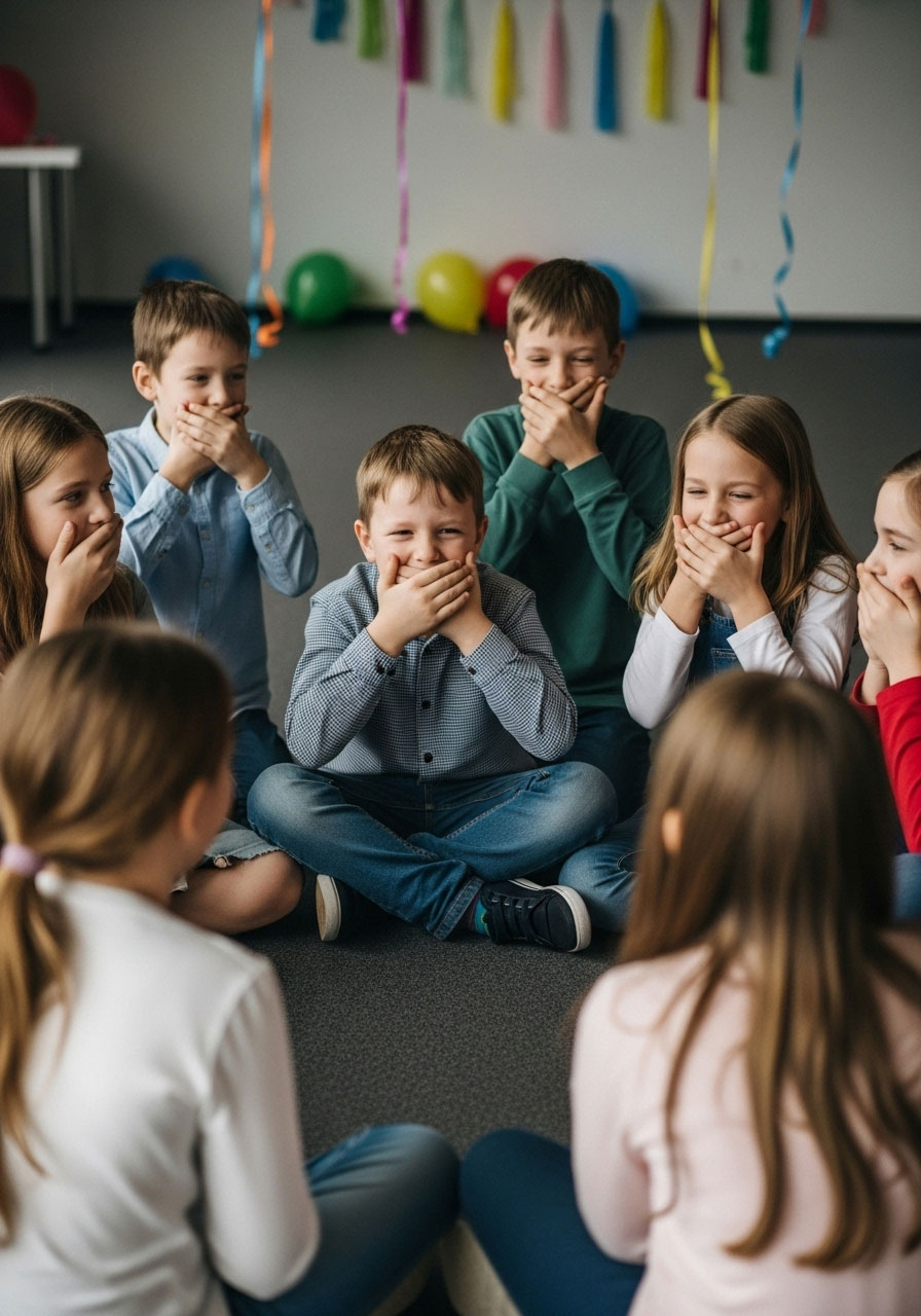 Kids in circle trying not to laugh during laughing game at indoor birthday party