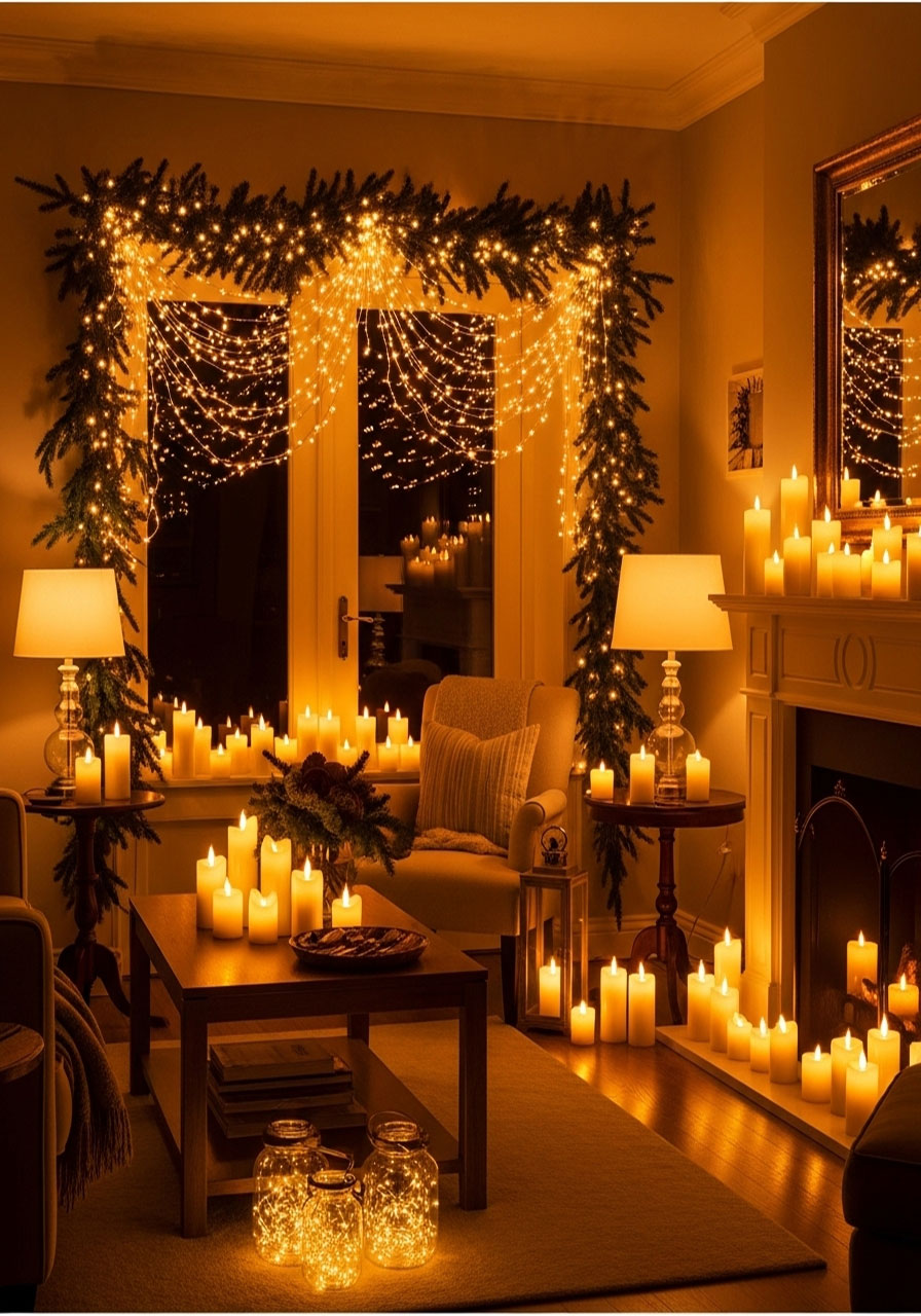 Layered Christmas lighting with warm white string lights, flameless candles, and lanterns creating cozy holiday party ambiance