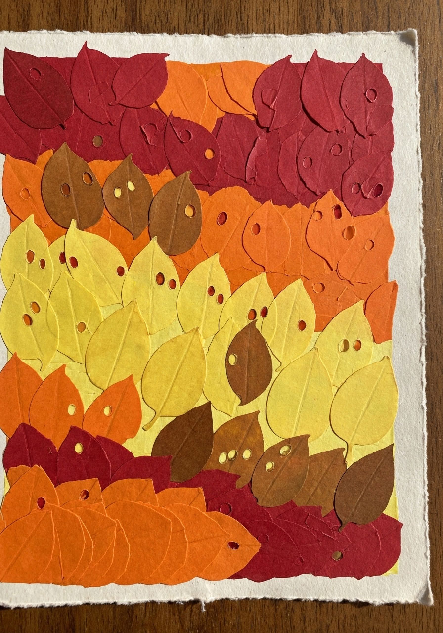 Leaf confetti art craft with hole-punched autumn pieces for kids