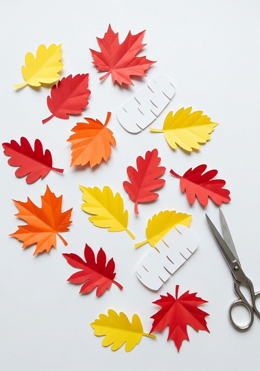 Colorful hand-shaped leaf prints fall craft arrangement for kids