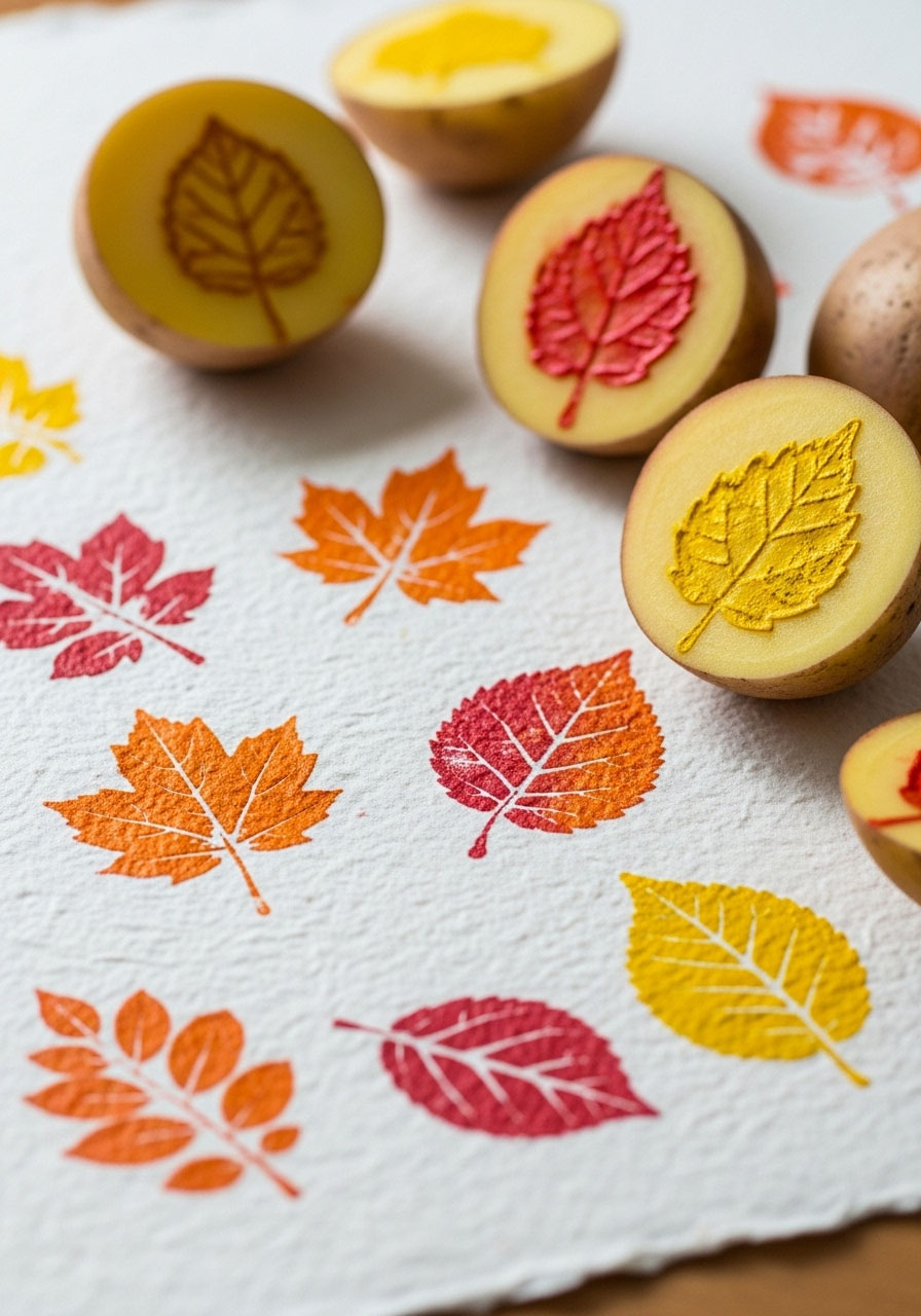 Leaf potato stamp fall craft showing carved potato printing technique for children