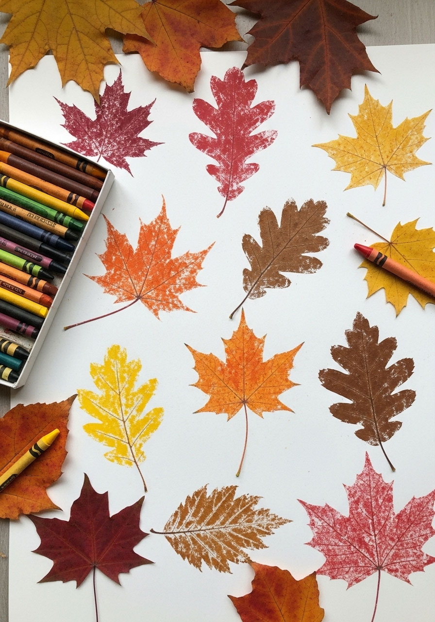 Leaf rubbings crayon craft showing autumn leaf textures for kids