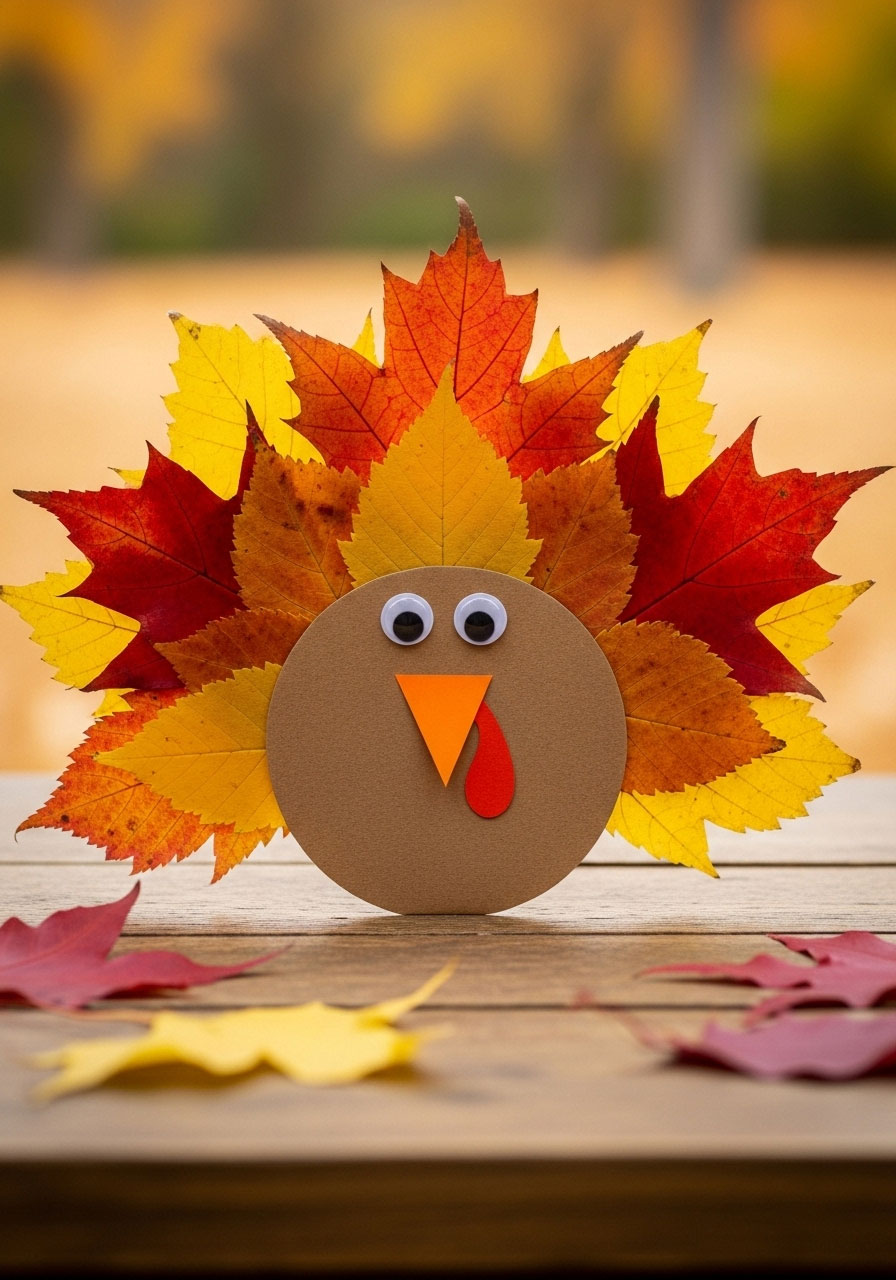 Leaf turkey craft made with real colorful fall leaves and googly eyes for kids