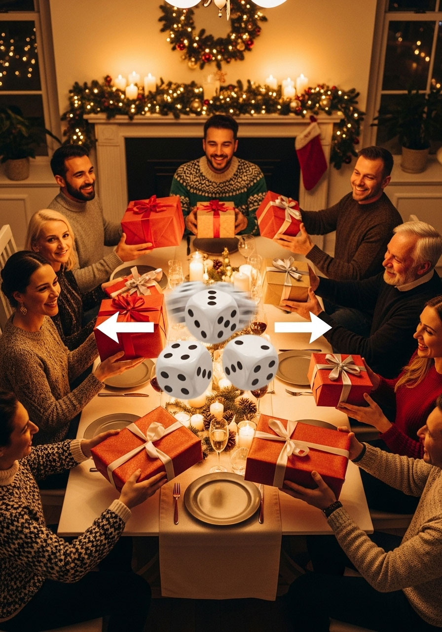Left Right Center gift swap dice game: adults sitting around table passing wrapped gifts with dice roll directions shown clearly for holiday party