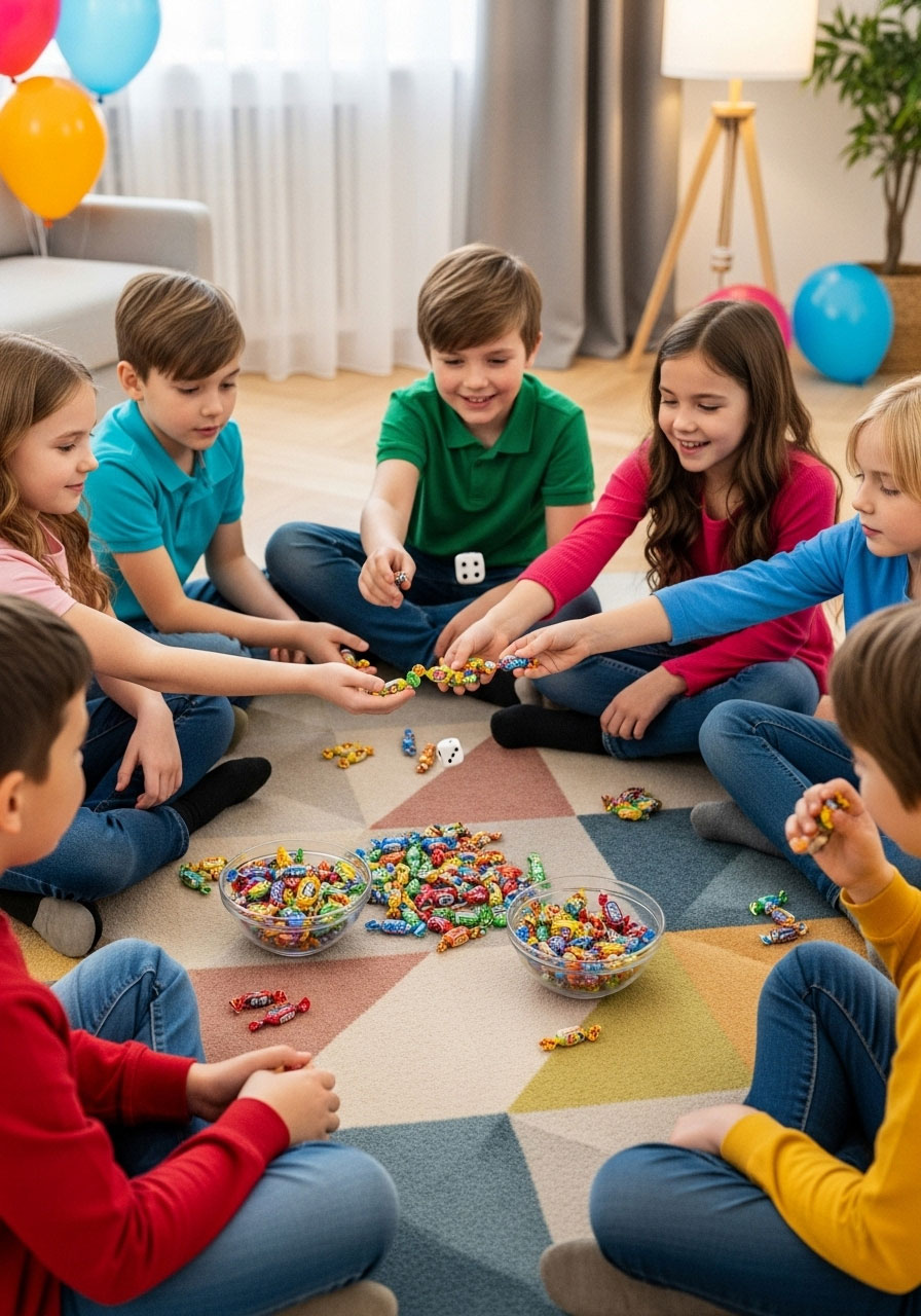 Kids rolling dice and passing candy during left right eat game at birthday party