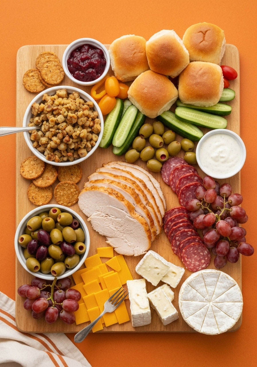 Creative leftover Thanksgiving charcuterie board with turkey, stuffing, cranberry sauce and fresh additions