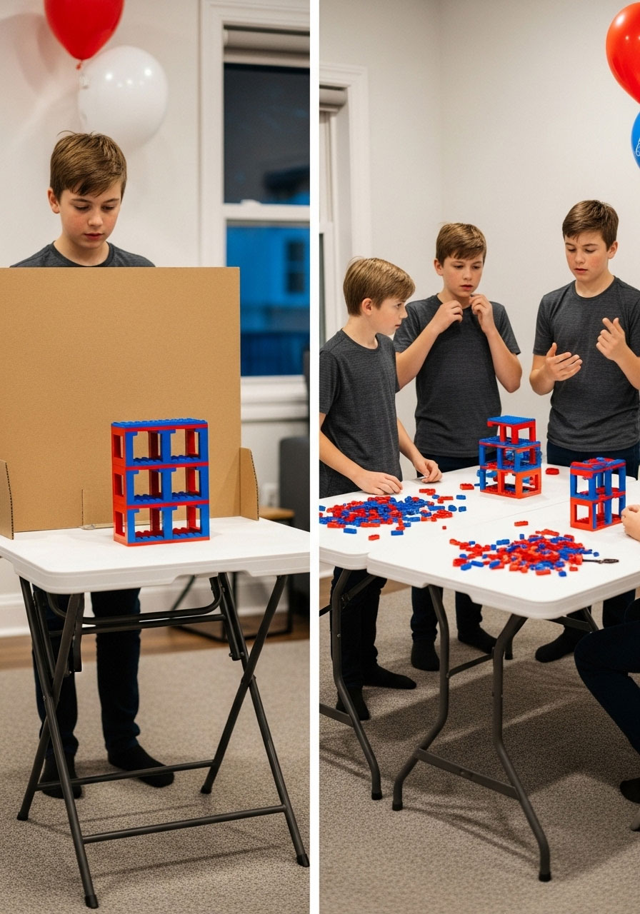 Kids playing LEGO copycat team challenge communication game at birthday party with builder and viewer roles