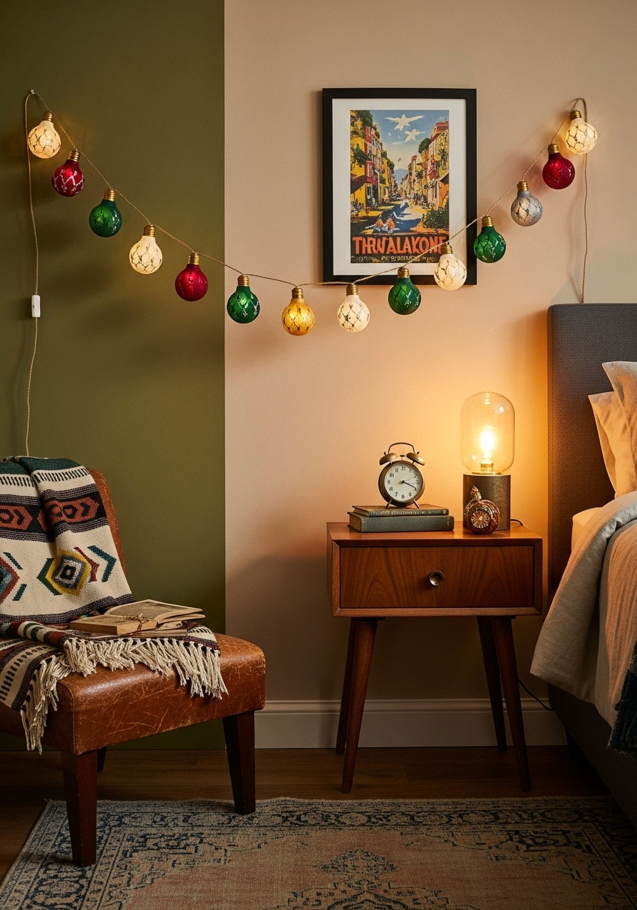 Finished light bulb garland showing painted bulbs in festive colors in retro aesthetic