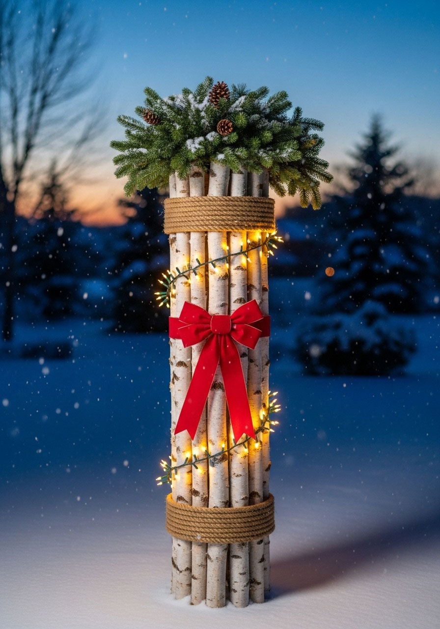 DIY lighted birch log bundle with string lights and ribbon