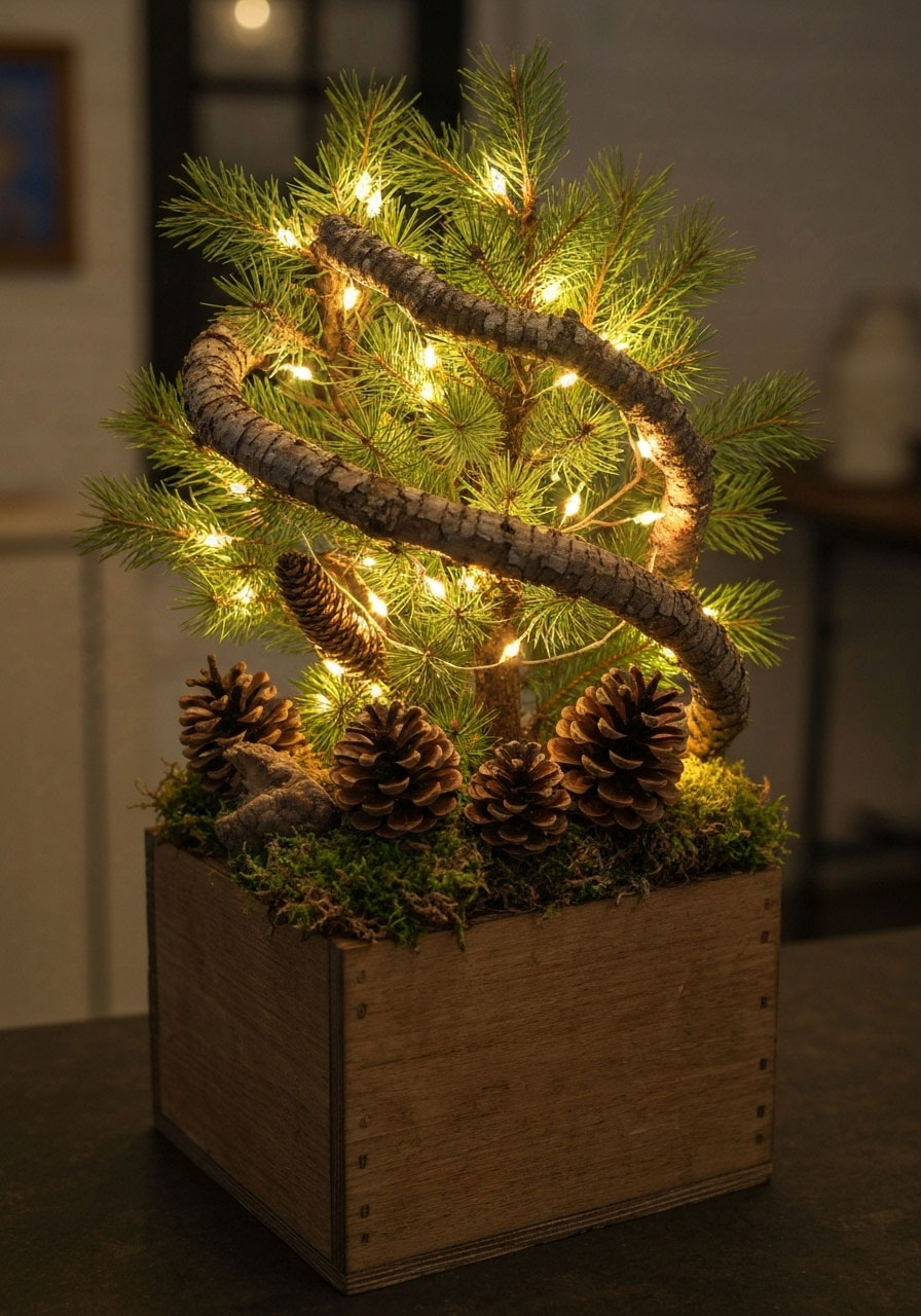 Rustic Christmas centerpiece with lighted branches, pinecones and moss in wooden box