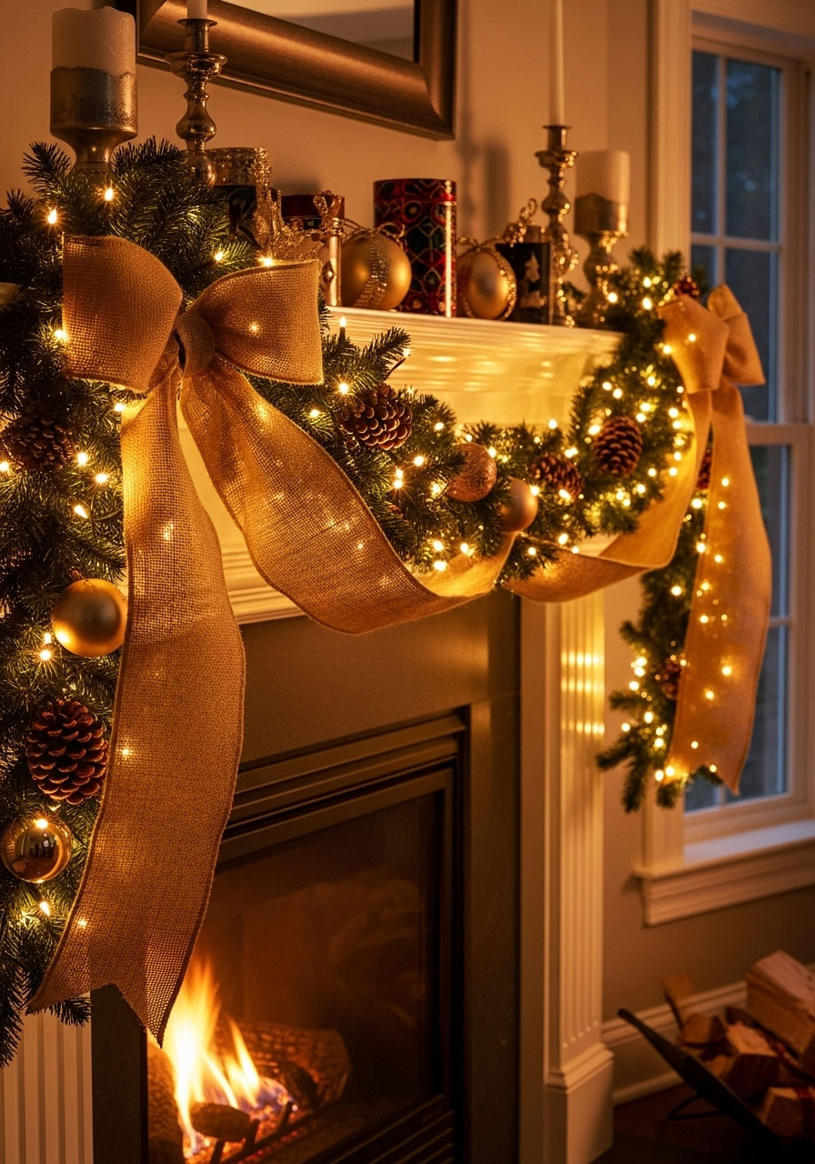 Beautiful finished DIY lighted burlap garland draped on fireplace mantle with warm glowing lights