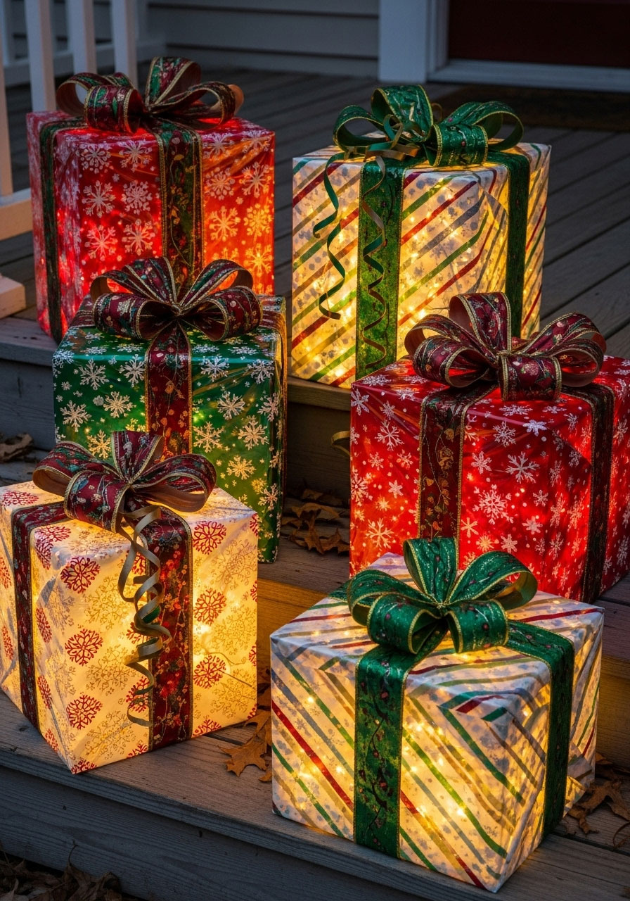 DIY lighted Christmas present boxes with rope lights on porch steps