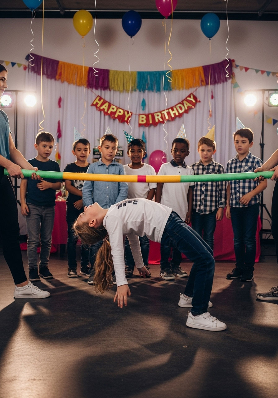 Child bending backward under limbo pole at indoor kids birthday party game