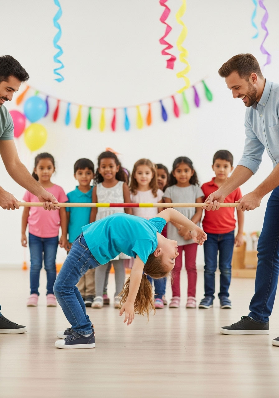 Kindergarten child bending backward under limbo stick at birthday party game